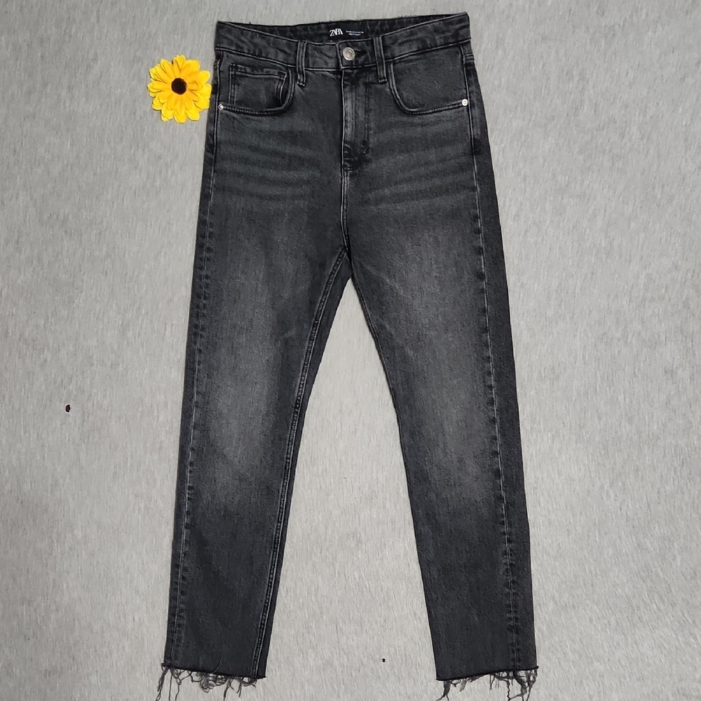ZARA Charcoal Black High Rise High Waisted Slim Straight Raw Hem Denim Jeans